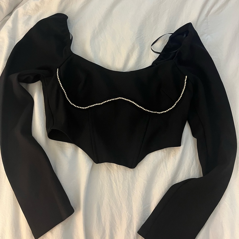 Princess Polly Black Sparkle Long Sleeve Crop Top - Picture 2 of 3